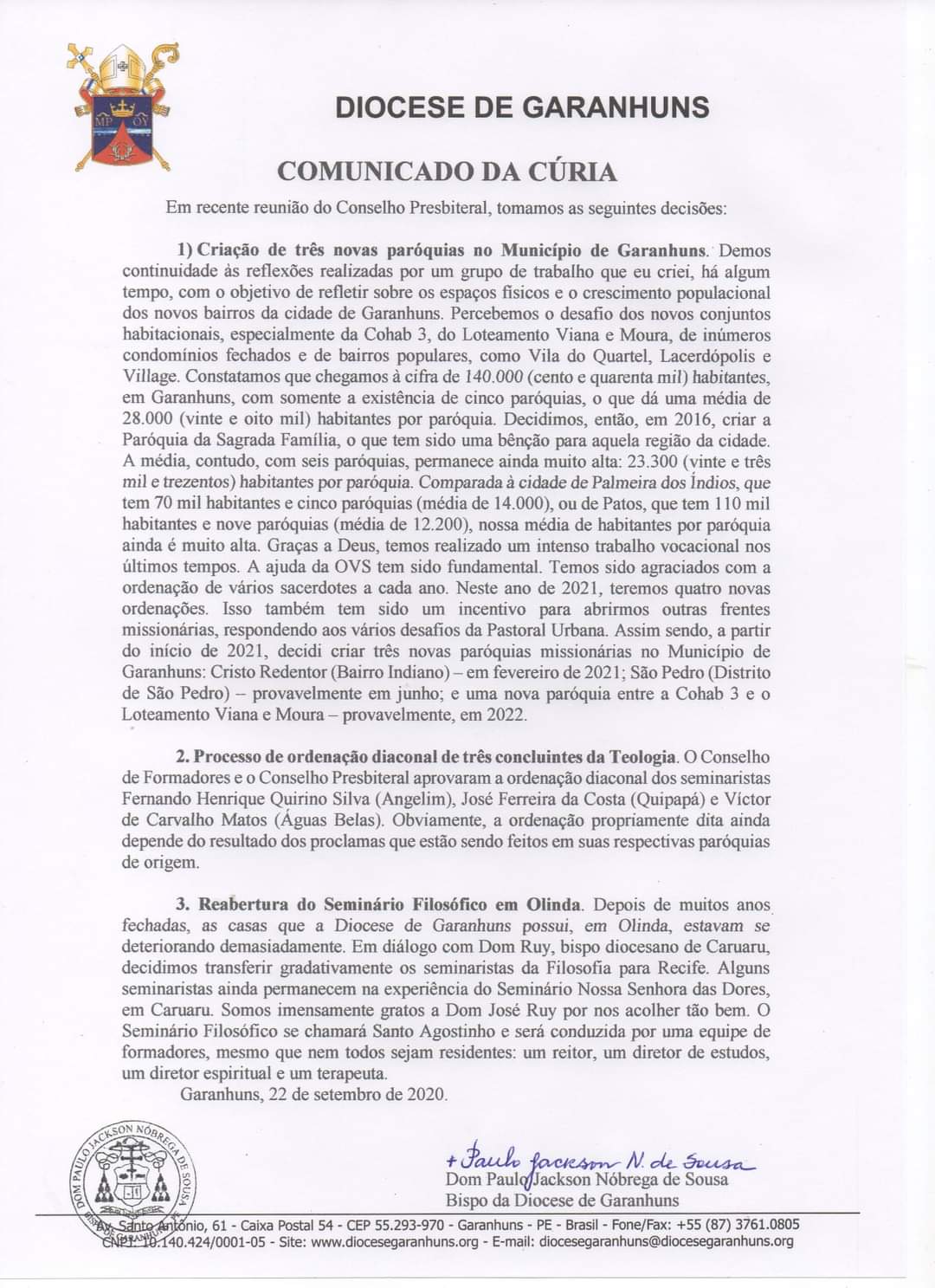 Comunicado da Cúria Diocesana de Garanhuns