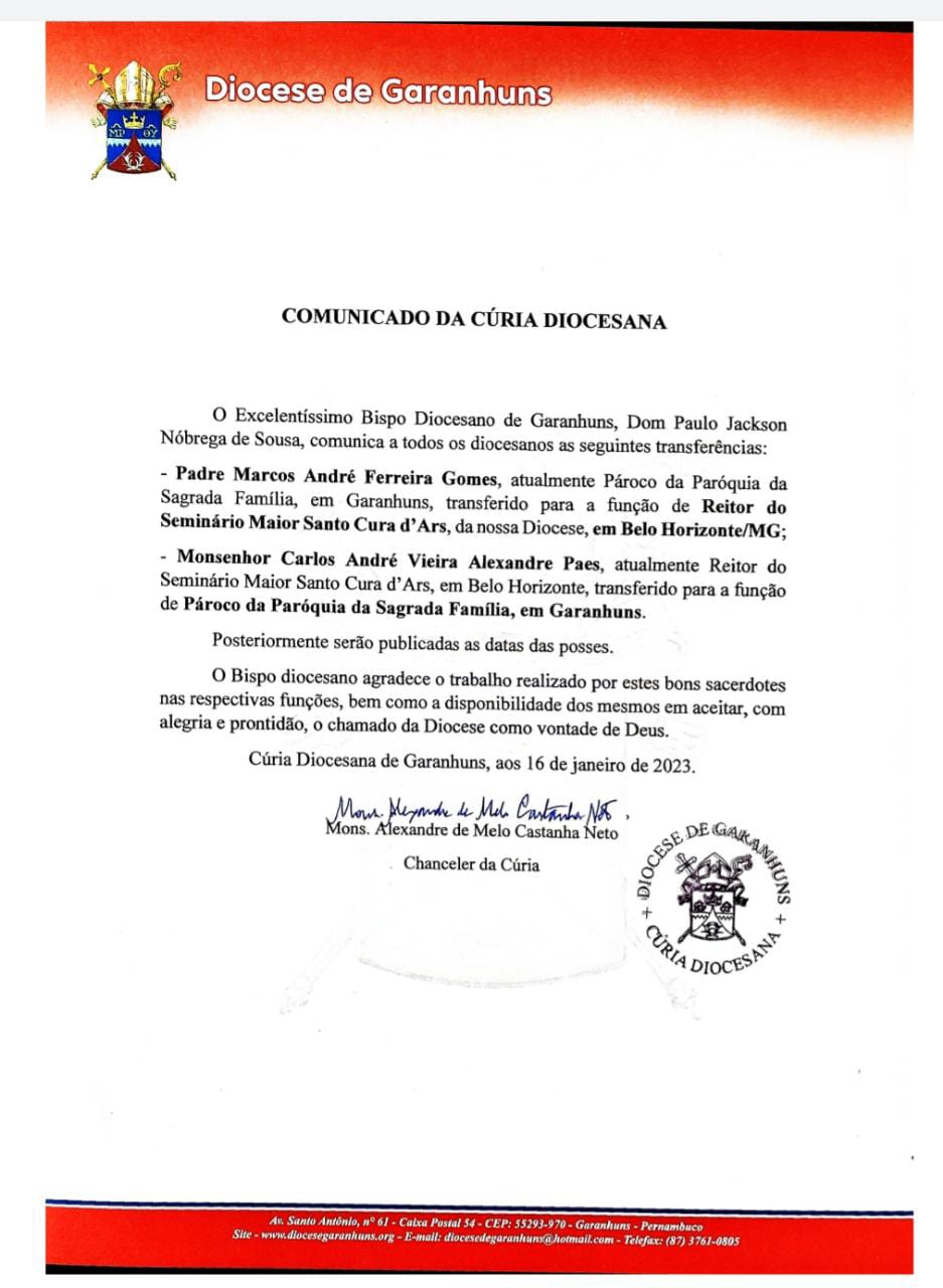 Comunicado da Cúria diocesana de Garanhuns 
