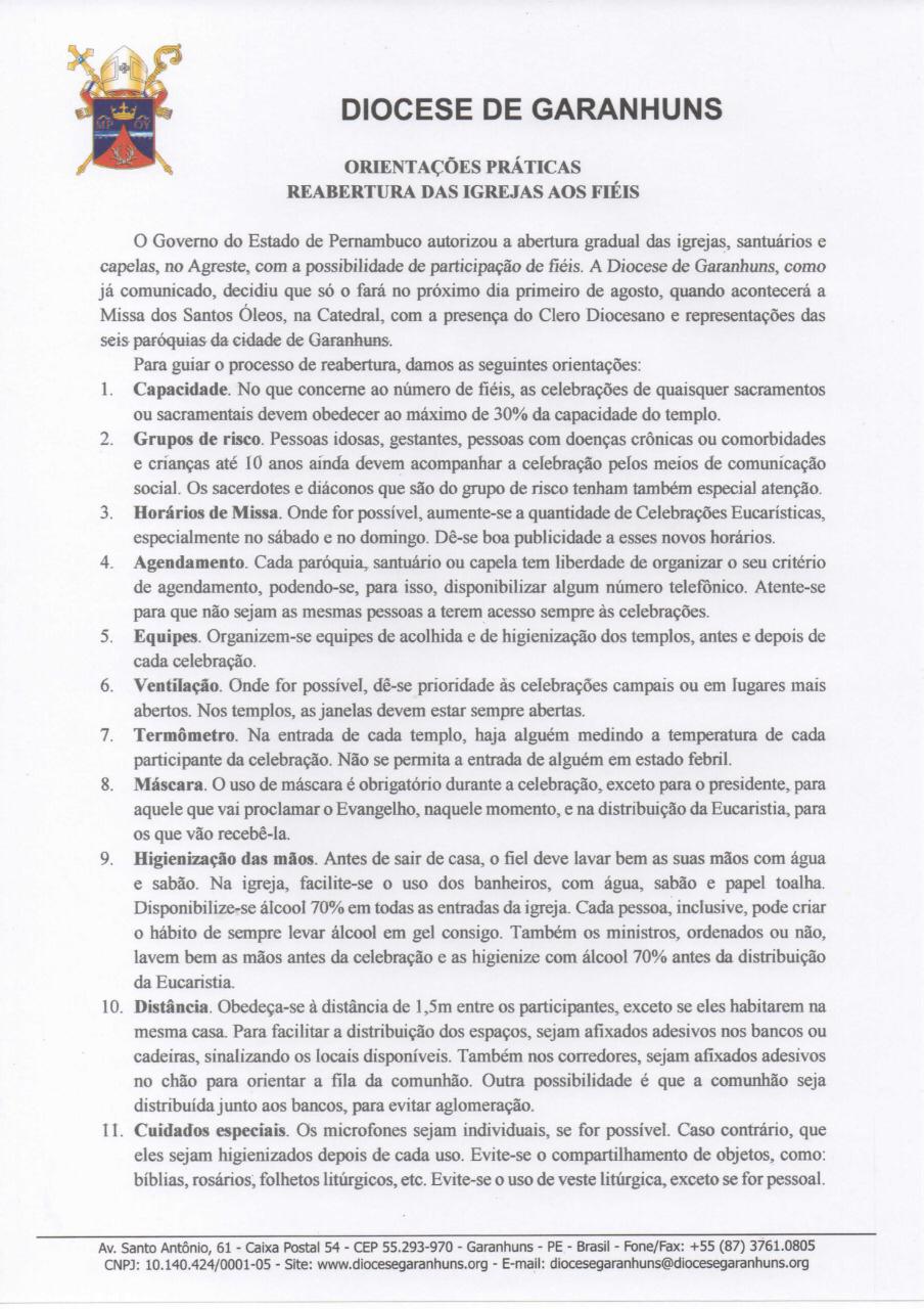 Orientações práticas para reabertura das Igrejas aos fiéis