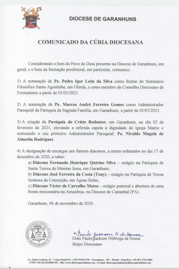 Comunicado da Cúria Diocesana de Garanhuns